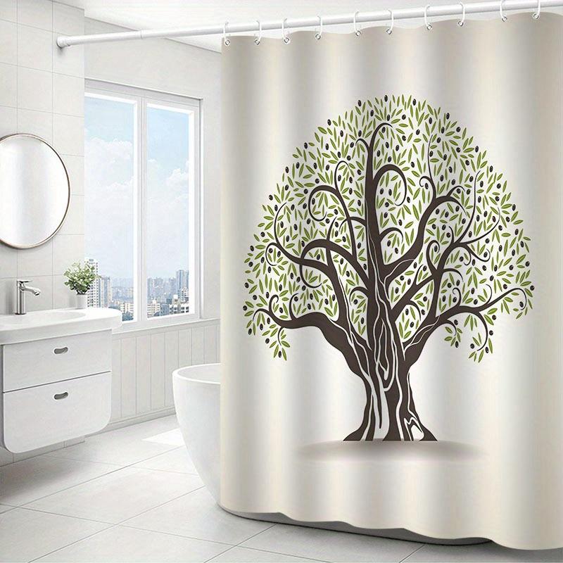 Elegant Tree Pattern Shower Curtain – High-End Polyester with Hooks, Artistic Green Leaf Design, Machine Washable
