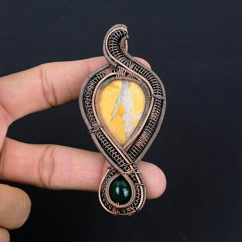 Natural Yellow Mookaite, Green Onyx Gemstone Copper Wire Wrap Pendant 3.94 P8l97