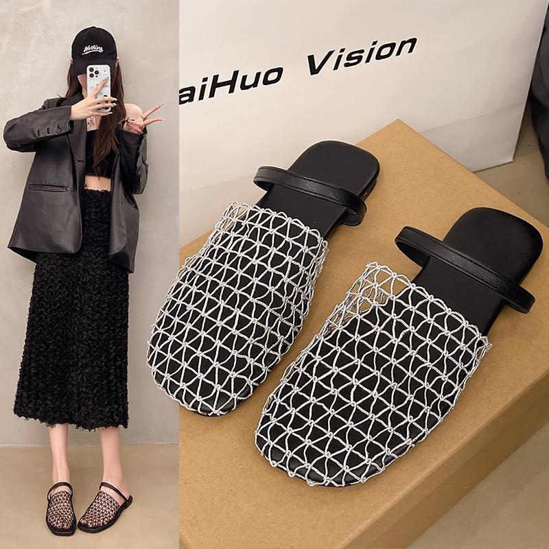 Sommer Mesh Hollow Out Baotou Flache Sandalen Damen Einfarbig Fersenriemen Lässig Sandalias Outdoor Urlaub Strandschuhe 2025