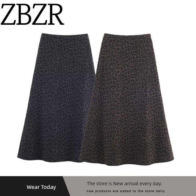 Za Export New Arrival Women's Clothing ZR Fashion Style Fashion All-Match Leopard Flocking a Version Crisp Long Skirt
