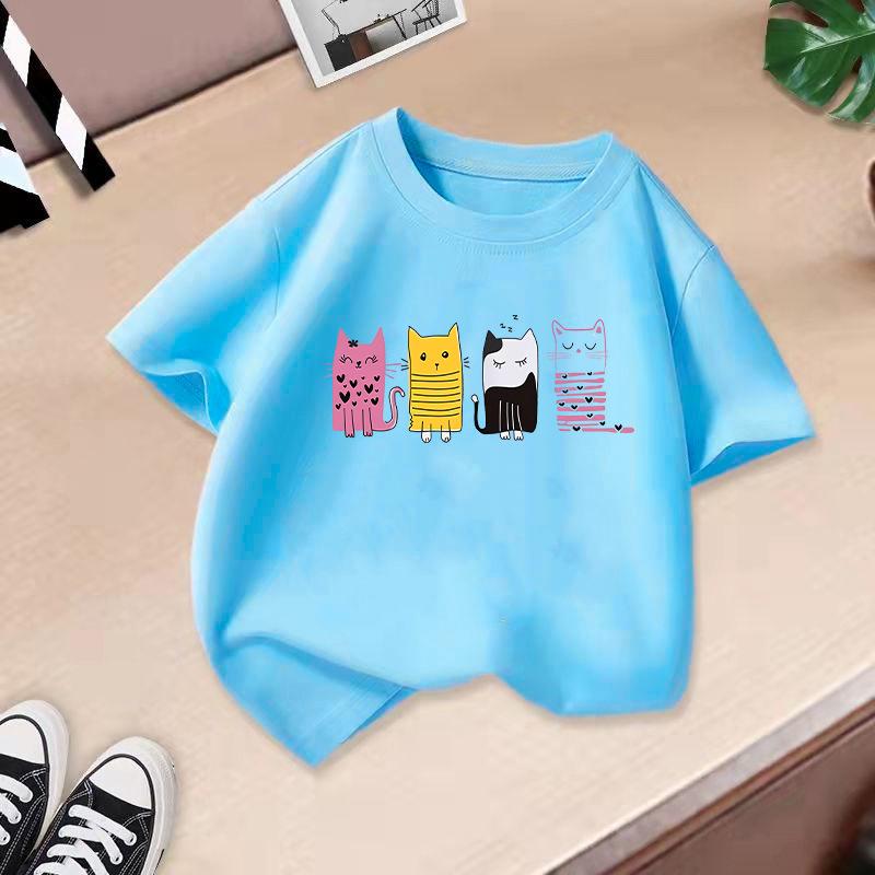 2025 Cute Cat Printed Summer New Product Children's Clothing Children's Short Sleeved T-shirt Baby Fashion T-shirt