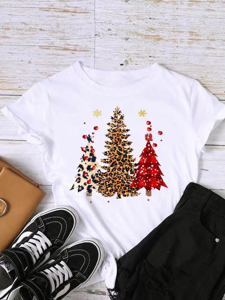 Christmas Womens Round Neck Short Sleeved Christmas Tree Reindeer Print Womens Loose Oversized Comfortable White Tshirt