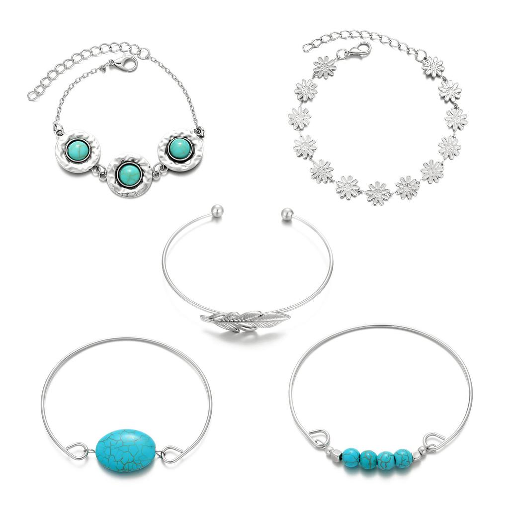 Combination Bracelet, Retro Ethnic Style Turquoise Feather Flower 5-Piece Set Bracelet Bracelet