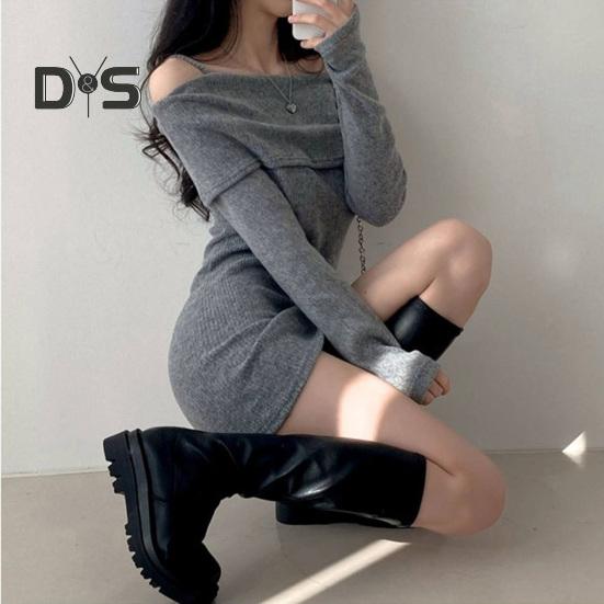 Women Knitting Tops Off Shoulder Long Sleeve Solid Color Slim Fit Pullover Tops Sexy Ribbed Long Blouse