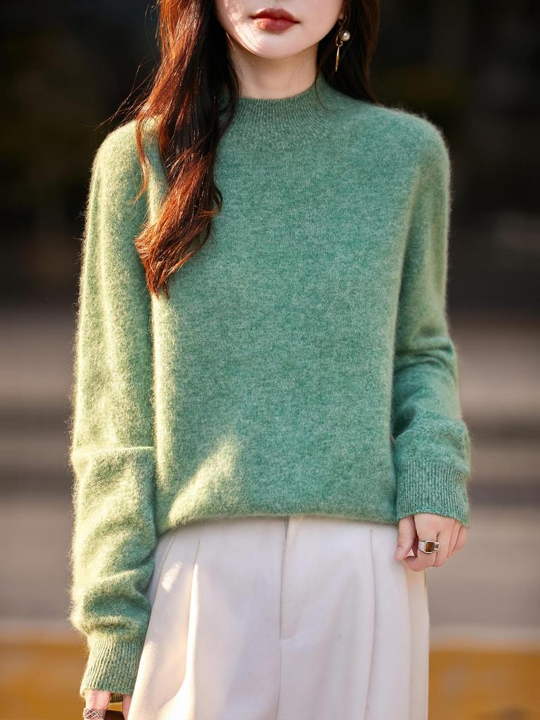 Milk Huhu Women's Solid Color Half-High Collar Wool Knit Sweater - Lazy Style, Brushed Fleece for Autumn/Winter
