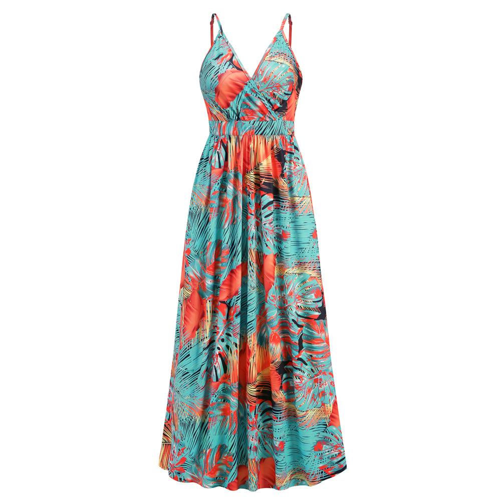 Women's V Neck Bohemian Strap Printed High Waist Sling Floral Dress