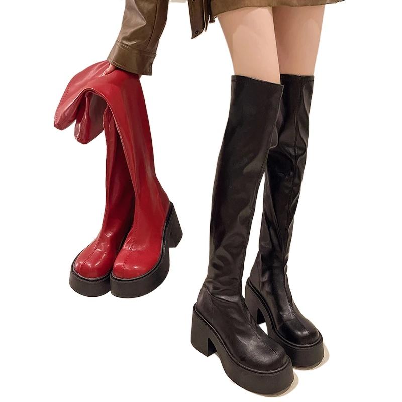Punk Style Women's Knee High Boots, Fashionable Round Toe Boots, Autumn and Winter Thick Soled High-heeled Women's Boots