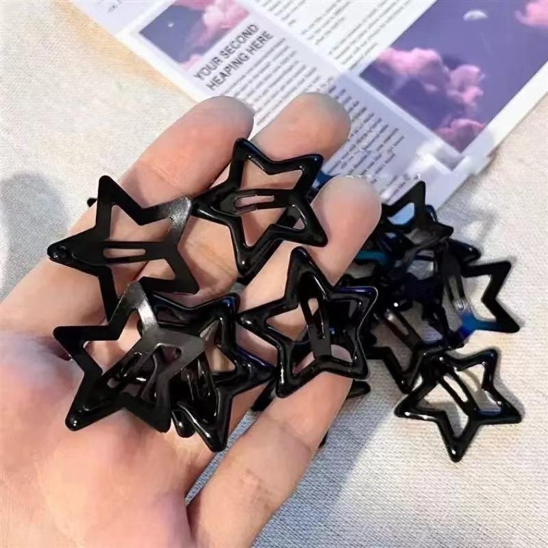 10pcs Girls Black and Grey Star Bobby Pin Hairpin Cool Charm Metal BB Hair Clips For Woman Pentagram Harajuku Headwear Accessories
