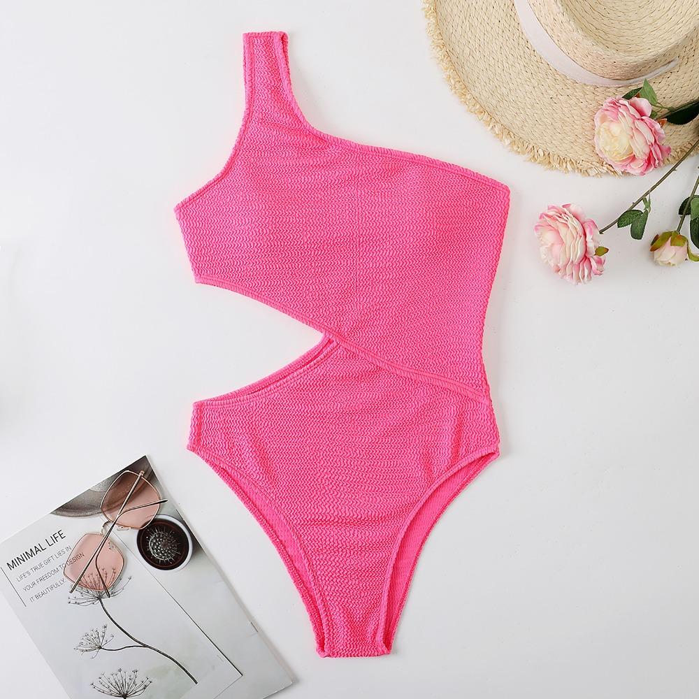 One-piece Triangular Swimwear Women's Wrinkled Cloth Fashionable One-shoulder Solid Color Waist Swimsuit