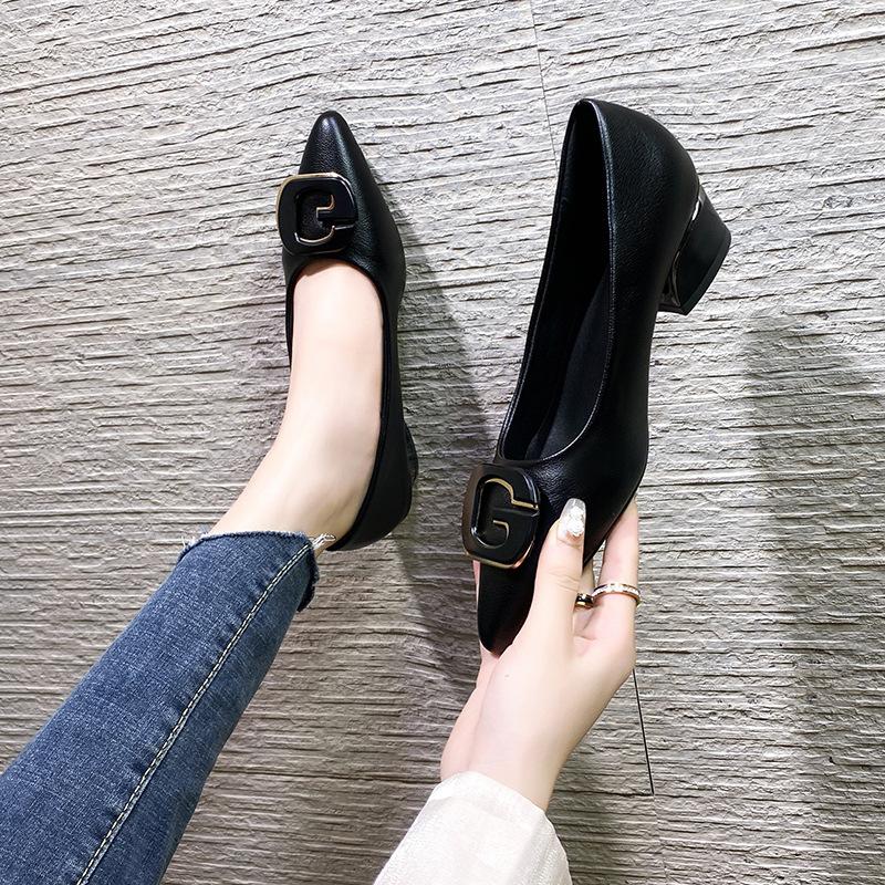 Pointed head shallow mouth single shoes women's new spring thick heel soft leather surface low heel square root letter square buckle fashion shoes