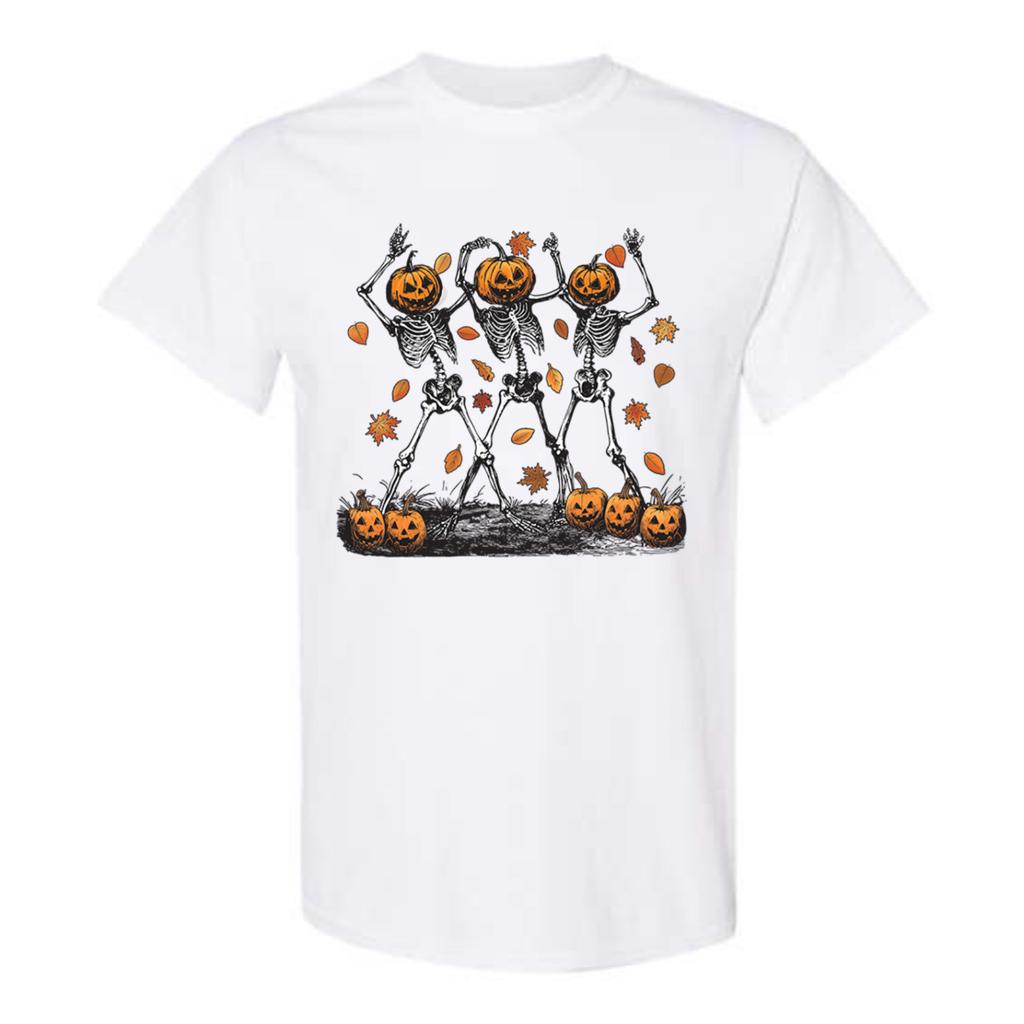 Halloween Pumpkin Skeleton Head T-Shirt Spooky Dancing Skull Funny Costume NEW