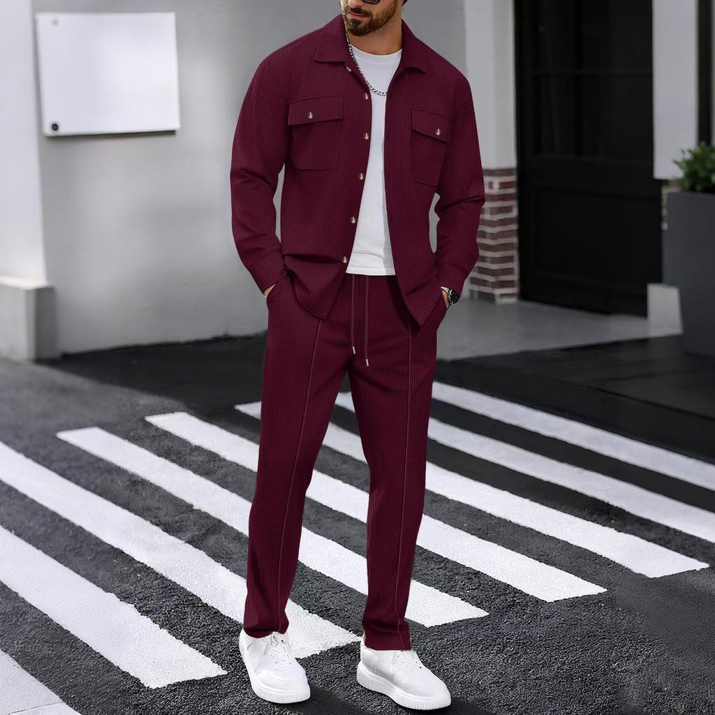 Men's Double-Pocket Waffle Two-Piece Set: Long-Sleeved Shirt and Pants for Autumn