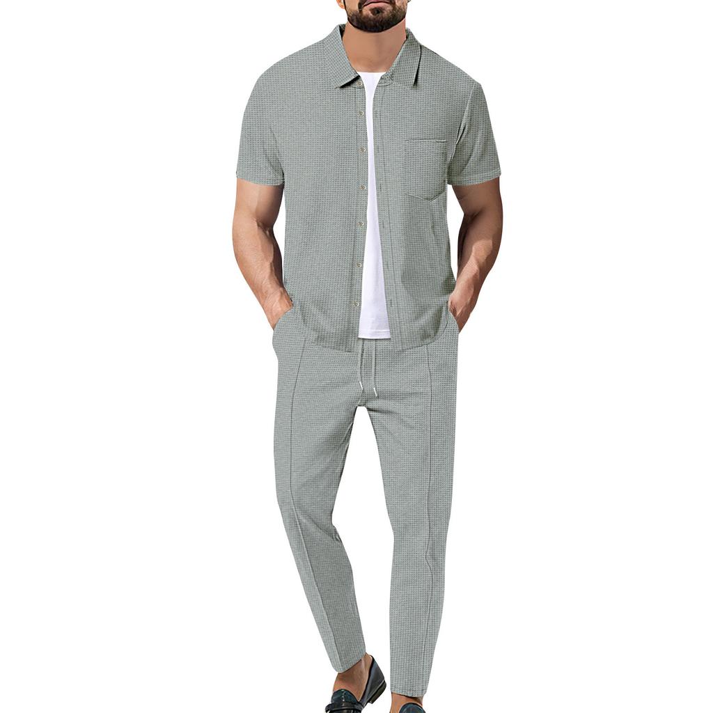 Herren Revers Button Up Cardigan Kurzarm Lange Hosen Lässiges Zweiteiliges Set