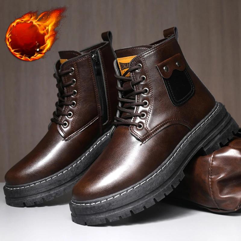 Móda Nejvyšší kvalita Vintage Kůže Pánské Sněhule Módní Pánské Kotníkové Boty Šněrovací Venkovní Motocyklové Boty Chodící Boty pánské botas
