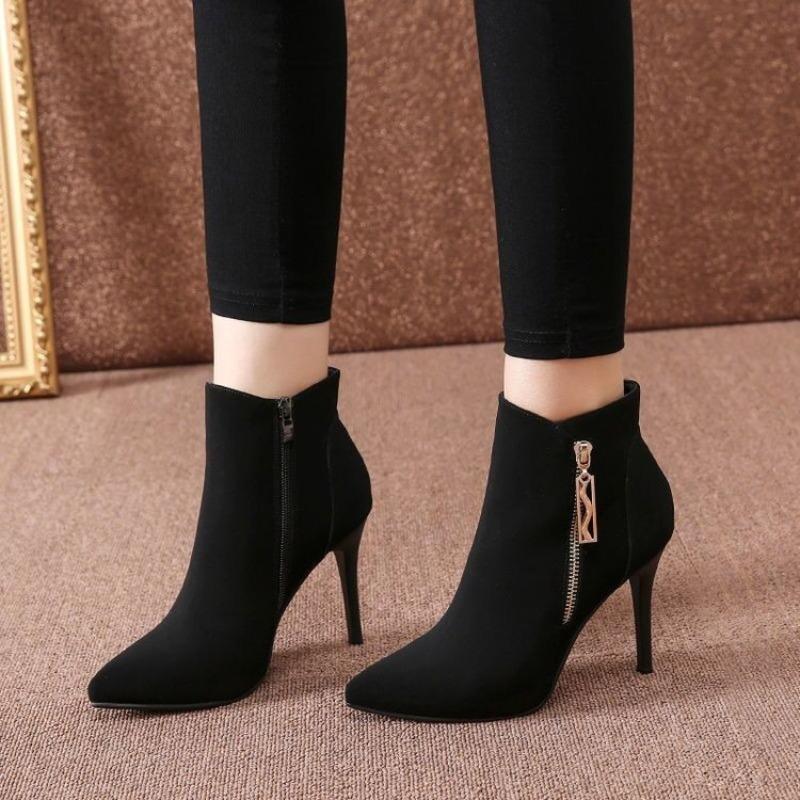 Women's high-heeled short boots, autumn and winter fashion velvet thin-heeled pointed women's boots versatile and thin boots