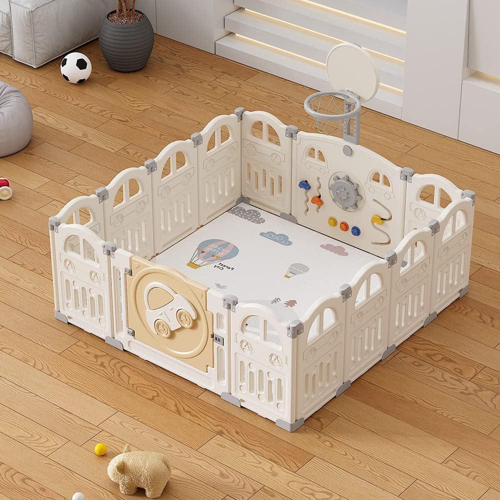 UBRAVOO Foldable Playpen with Mini Basketball Hoop and 50 Colorful Ball Pit, Baby and Toddler Car Playpen, Fun Indoor Activity Center