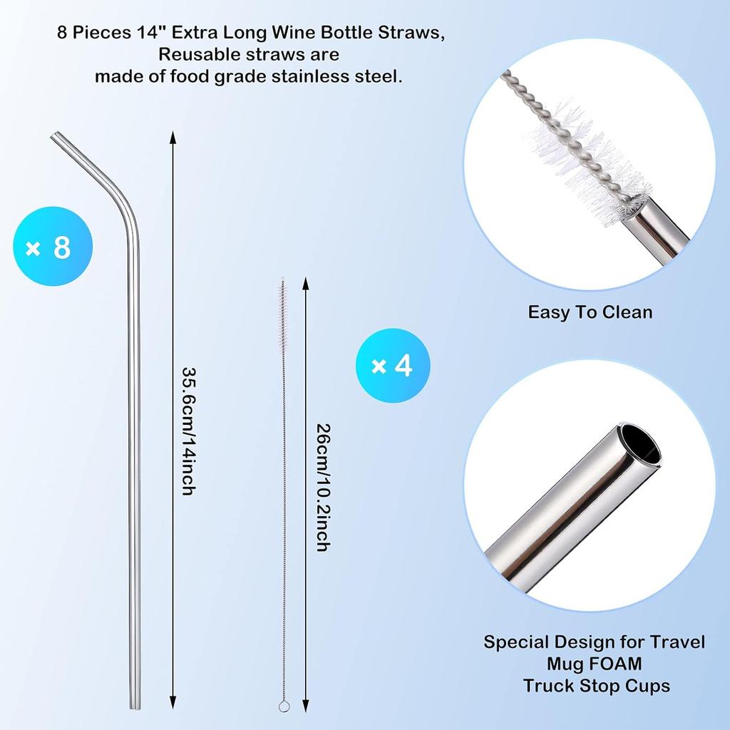 Geiserailie 8 Pieces 14 Inch Stainless Steel Straws Long Drinking Straws for 100 oz Tumblers, Extra with 4 Pieces Cleaning Brush(Silver)