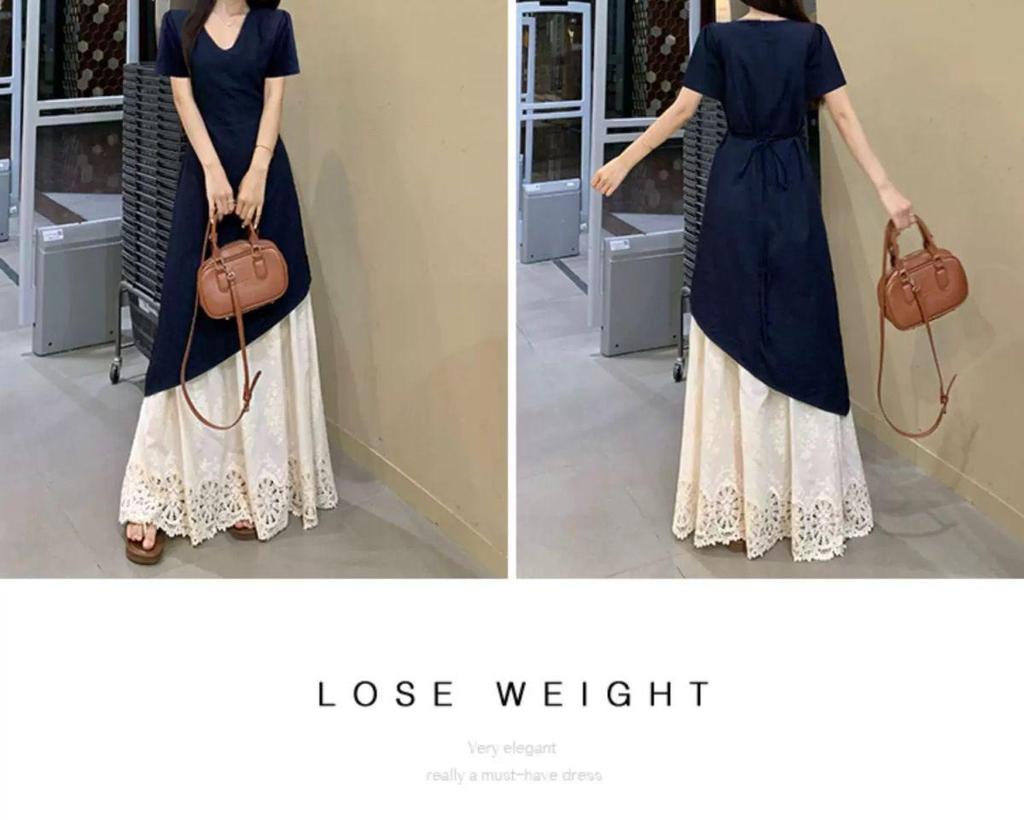Elegant Plus Size Patchwork French Short-Sleeve Dress - Spring/Summer 2026
