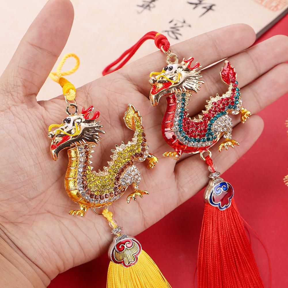 Diamond-Studded Auspicious Dragon Pendant with Red and Gold Tassel