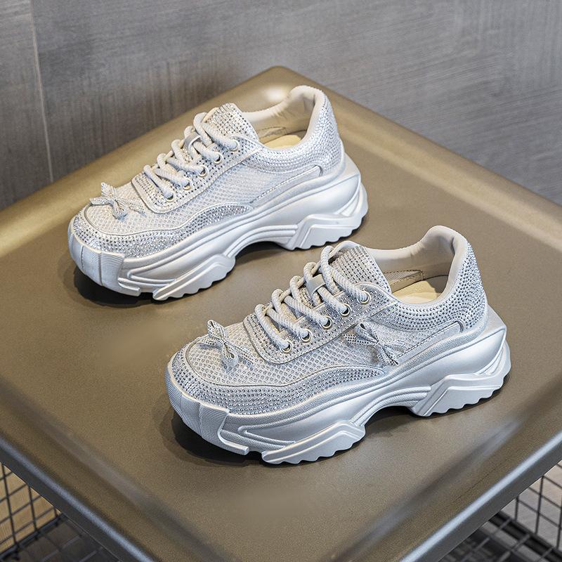 Platform dad shoes summer new breathable mesh rhinestone bow fashion versatile full diamond casual sports shoes women