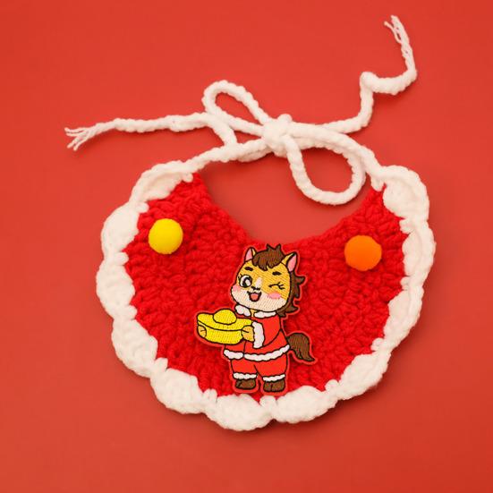 סינר חתול סרוג אדום עבודת יד סינית לראש השנה סינר לחיות מחמד שנת הסוס סינר לכלבים עם רקמה לגורי חתולים כלבים קטנים אביזר חגיגי