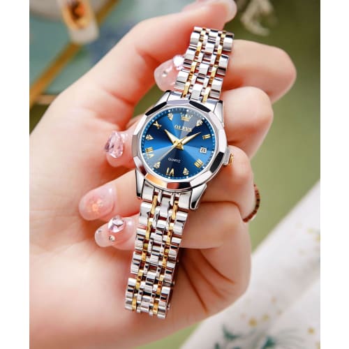 OLEVS Popular Women's Blue Waterproof Watch with Stainless Steel Band and Date Display, Analog Quartz Movement, Perfect As a Gift for Stylish Women, S