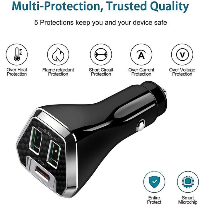 Chargeur de Voiture Universel Téléphone, USB-C et USB-A, Allume-Cigare Noir