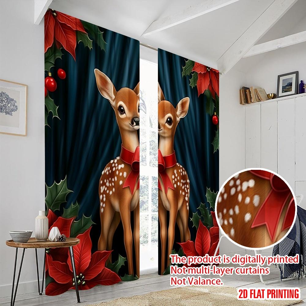 2pcs,2D Plane Printing Window Curtain Cute Fawns Christmas Poinsettias (2) Versatile 100% Polyester (without Rod) Home Decor for