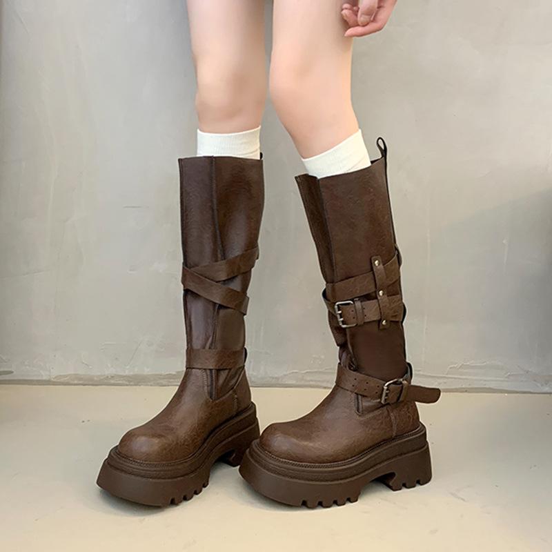But knee boots 2025 new women's boots spring and autumn models temperament super fire retro lightweight belt buckle boots