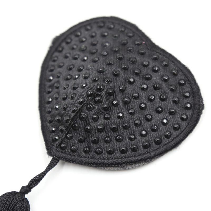 Women Rhinestones Heart Shape Nipple Cover with Tassels Reusable Adhesive Pasties Rave Club Party Breast Pads Sticky Bra