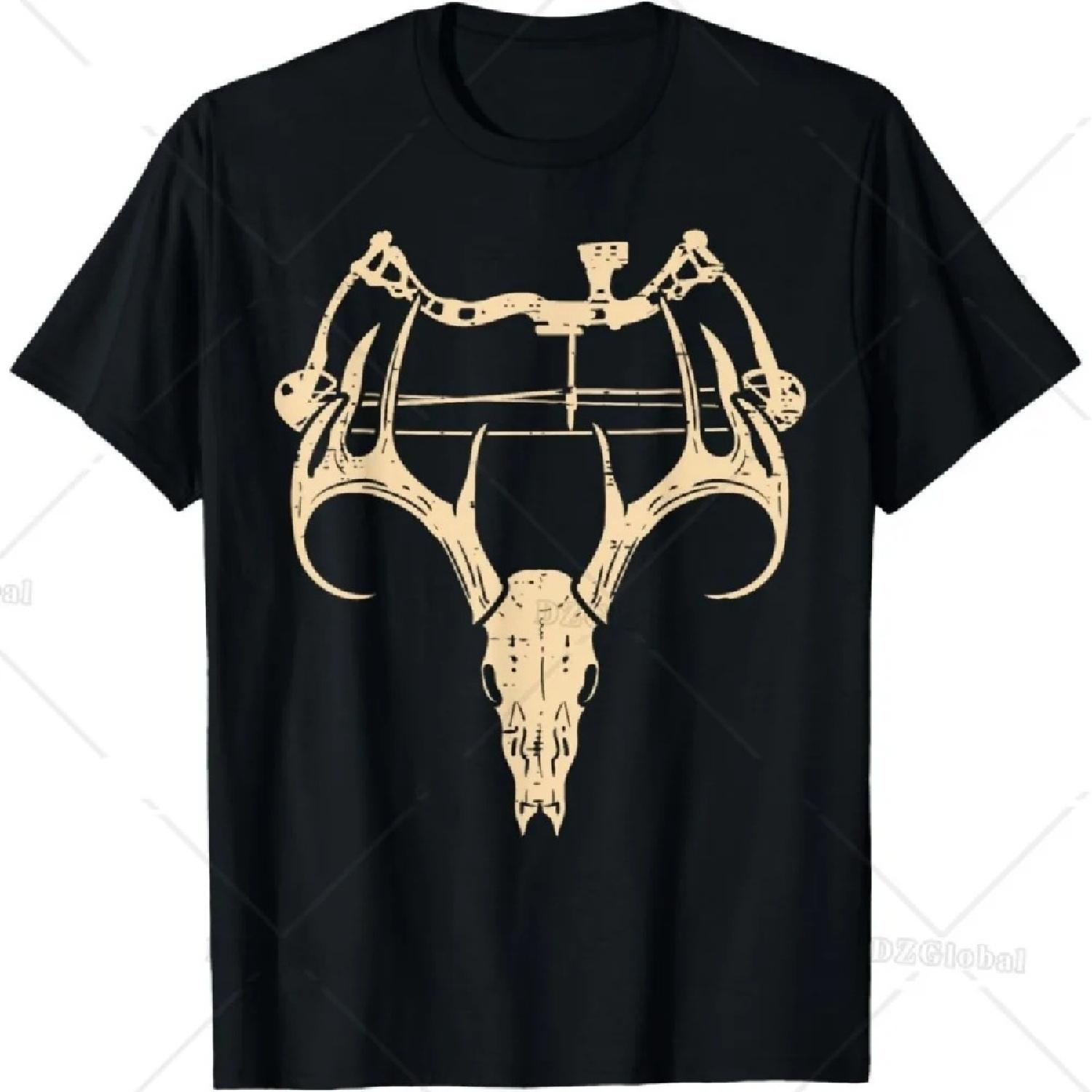 

Deer Skull Compound Bow Retro Hunting Archery Dad Archer T-Shirt Fashion Black Casual T Shirt for Men 100% Cotton Tees Tops S