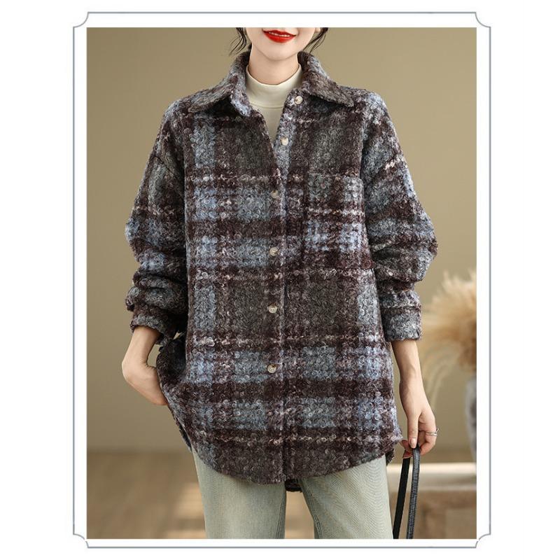 DIMANAF 2025 New Autumn Winter Plus Size Women Coats Jackets Cotton Thick Long Sleeve Loose Casual Outerwear Vintage Lady Plaid