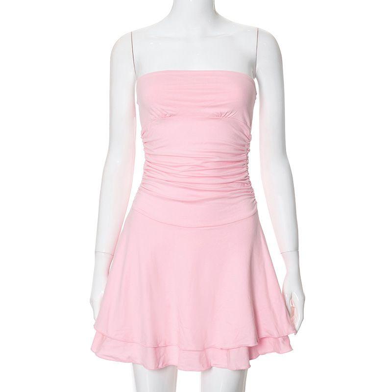 

Европейская и американская внешняя торговля Женская одежда Однотонное платье с открытыми плечами, без рукавов, А-силуэта, плиссированное, сексуальное, в стиле гяру, для улицы, платье-топ-труба Pink S