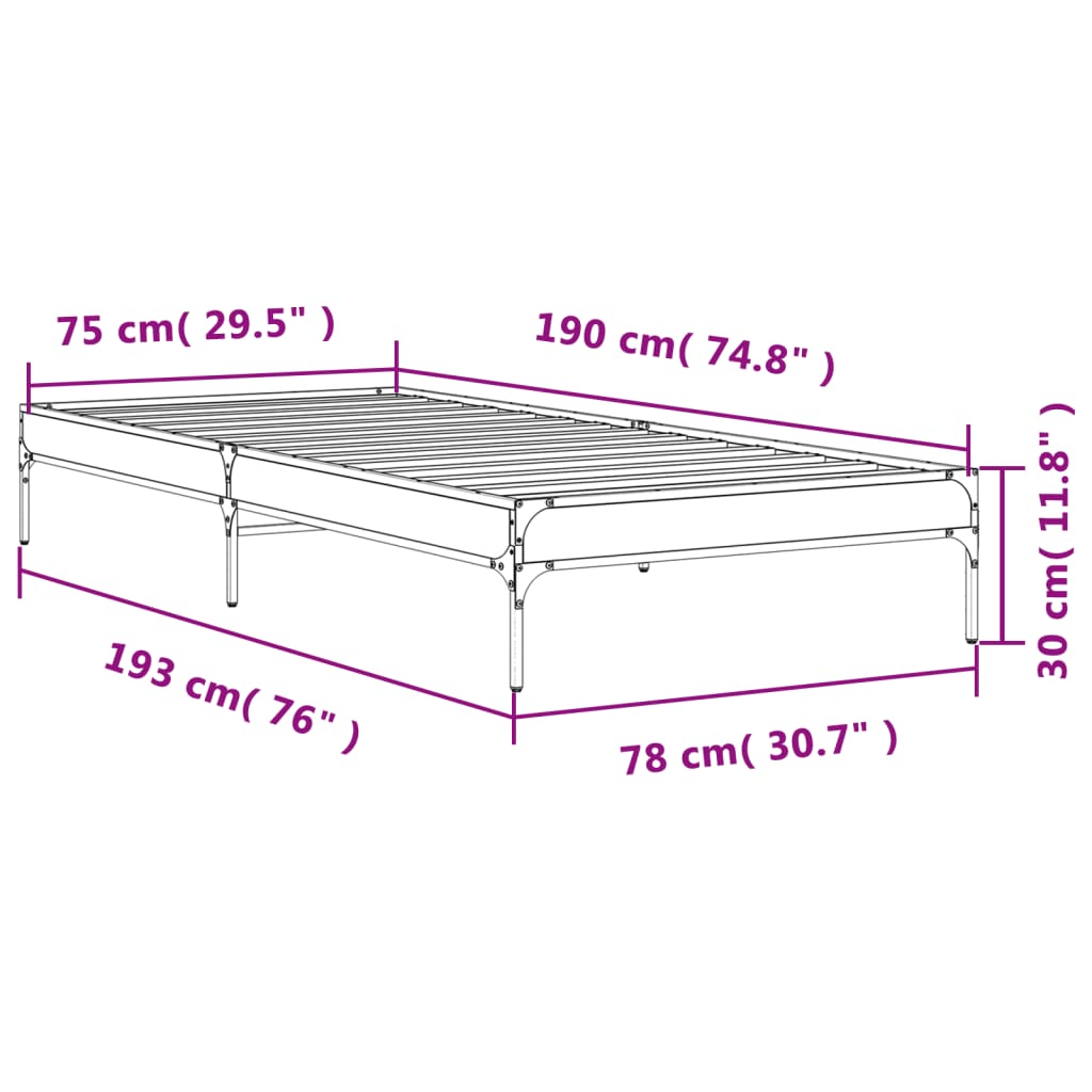Bed Frame in Grey Sonoma 75 x 190 cm Made of Particleboard and Metal