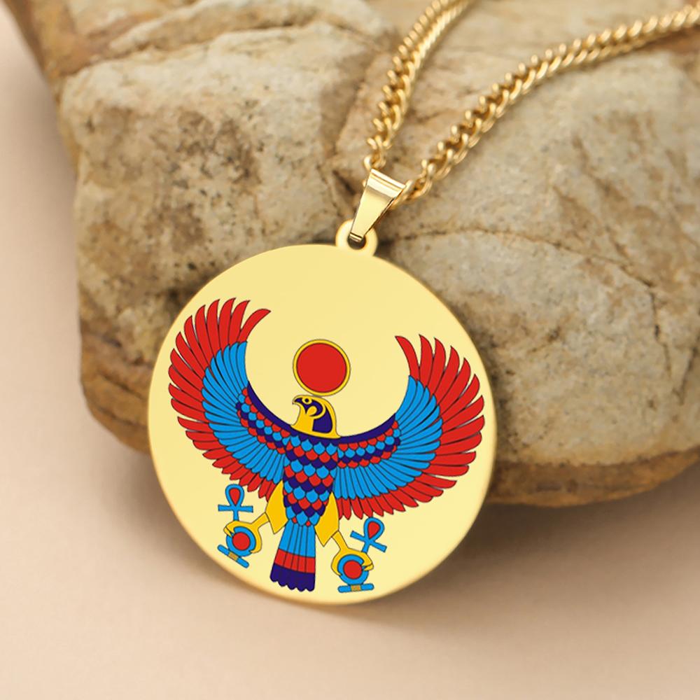 Dawapara Pharaonic Horus Necklace Winged Sun Disk Horus Falcon Necklace Ancient Egyptian Guardian Amulet Stainless Steel Jewelry