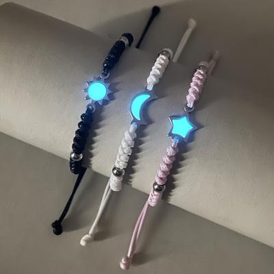 Glow-in-the-Dark Sun, Moon & Star Stainless Steel Bead Bracelet 3-Piece–  Handwoven Wristbands for Daily Wear & Gifts - Valentine's Day Jewelry