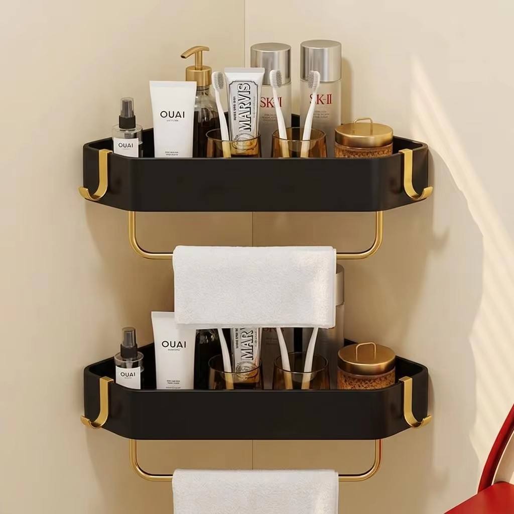 Bathroom Storage Rack, Corner Wall-mounted, No-drill, for Toilet and Washbasin, Shower Shelf, Black and Gold Triangular Basket