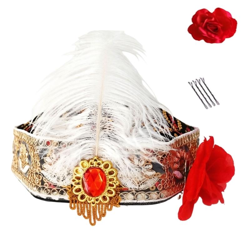 Uyghur Nationality Hat With Embroidery Pattern And Feathered For Women Cosplay Parties And Carnivals Cultural Festival