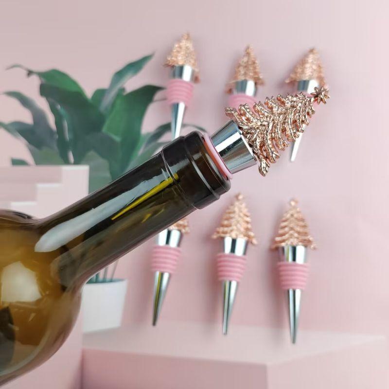 1pc Pink Rubber Rose Gold Christmas Tree, Christmas Wine Stopper, Champagne Stopper
