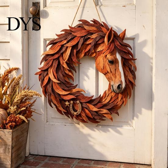 Festive Wall Hanging Decor for Home Rustic Horse Wreath Front Door, Western Farmhouse Head Durable Decorative Bedroom with Horseshoe, Handcrafted