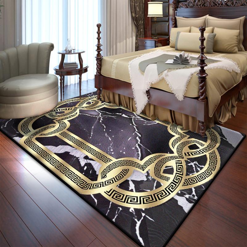 Black Golden Bedroom Bedside Rug Luxury Large Area Living Room Decoration Carpets Foldable Non-slip Soft Floor Mat Gaming Room