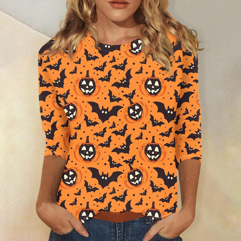 Women's Fashion Casual Round Neck 3/4 Sleeve Loose  Printed T-Shirt Ladies Top