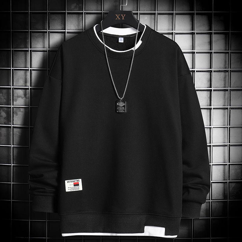 Men's Trendy No-Hood Round Neck Pullover: Autumn/Winter Long-Sleeved Fake Two-Piece Loose Fit Hoodie