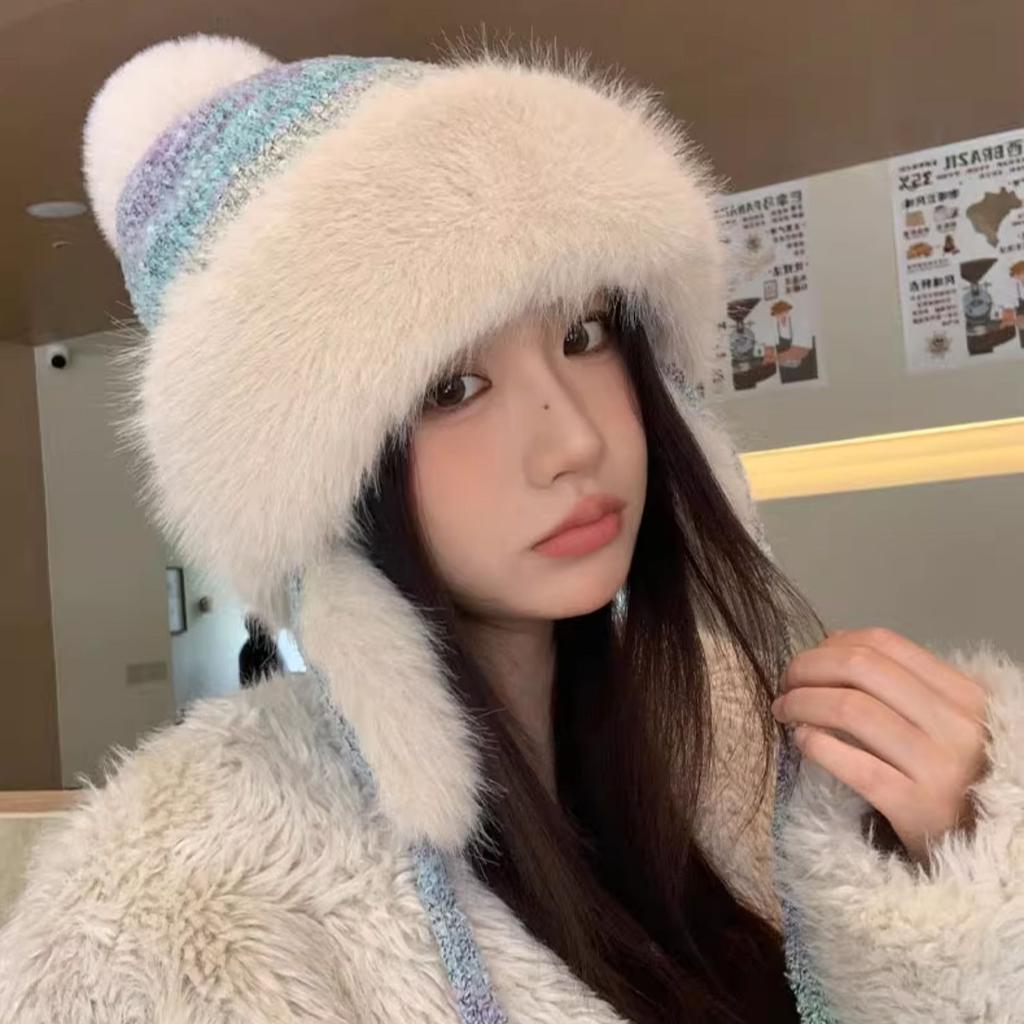 Plush Lei Feng Hat Women's Winter Thickened Warm Knitted Wool Hat Riding Ear Protection Cold Hat