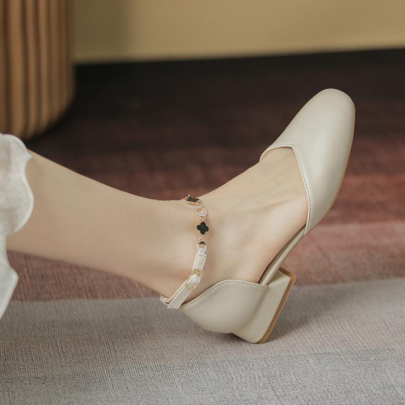 

Кожаные сандалии Baotou, новые летние женские туфли на среднем каблуке с цепочкой и толстым каблуком, нежные туфли Мэри Джейн на одной платформе