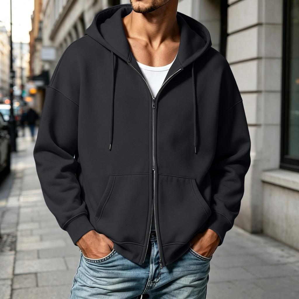 Herren Kapuzenpullover mit doppeltem Reißverschluss Lässiger Sport Kapuzenpullover