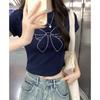Navy Blue Bow Hot Diamond Round Neck Right Shoulder Short-sleeved T-shirt for Women Summer Petite Slim Fit Bm Short Crop Top