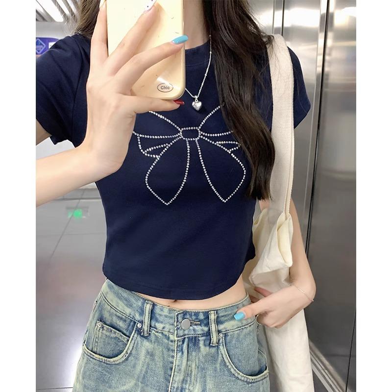 Navy Blue Bow Hot Diamond Round Neck Right Shoulder Short-sleeved T-shirt for Women Summer Petite Slim Fit Bm Short Crop Top
