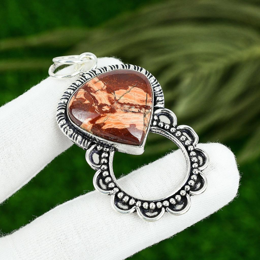 925 Sterling Silver Red Snakeskin Jasper Gemstone Daughter Bezel Pendant Jewelry