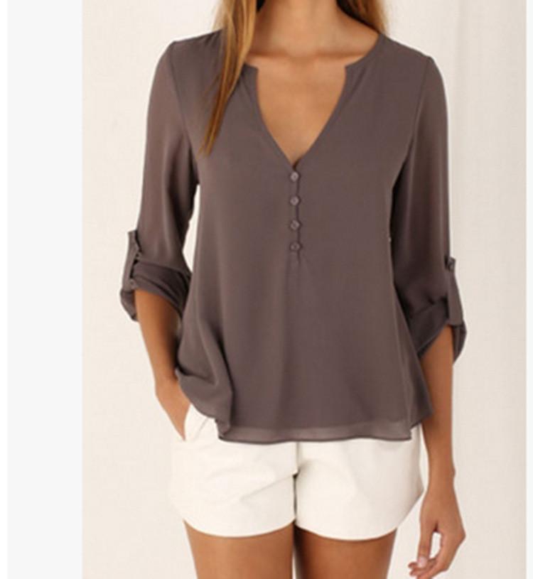Women Casual Sexy Deep V Neck Chiffon Blouse Shirt With Slim Waist And Long Sleeves